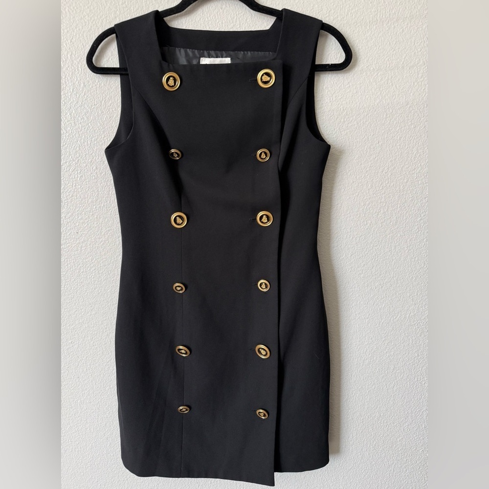 Vintage Black Gold Crest Button Dress Sleeveless Designer Style Size 6 - Picture 2 of 12